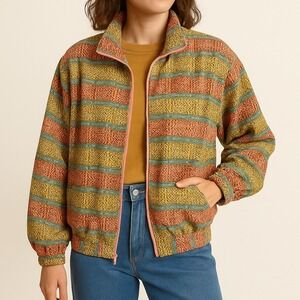 EVR Vintage 100% Silk Bomber Jacket Size Large Full Zip Grandmacore 90's